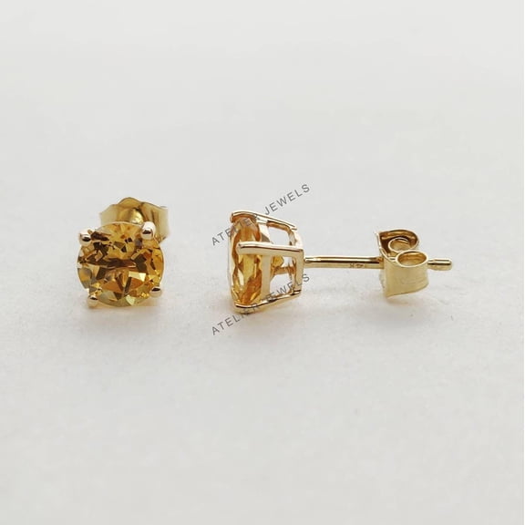 Natural Citrine Stud Earrings: 14K Solid Yellow Gold, November Birthstone