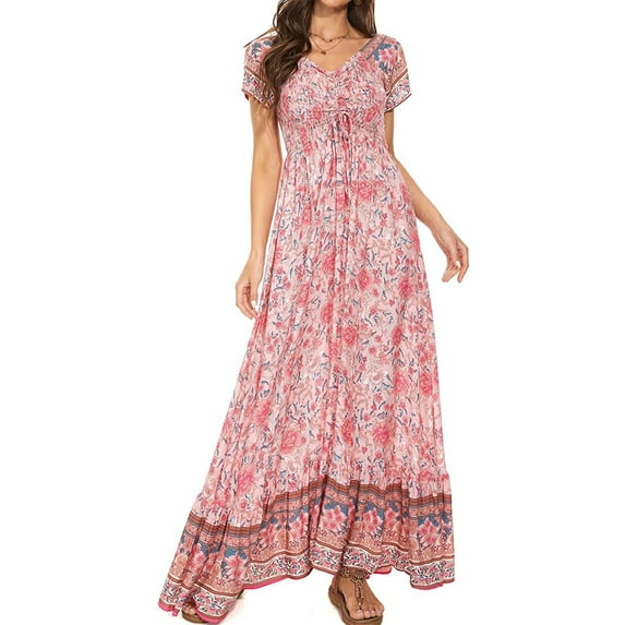 Franhais Women’s Long Dress, Bohemian Summer Casual Short Sleeve A-line Maxi Dress