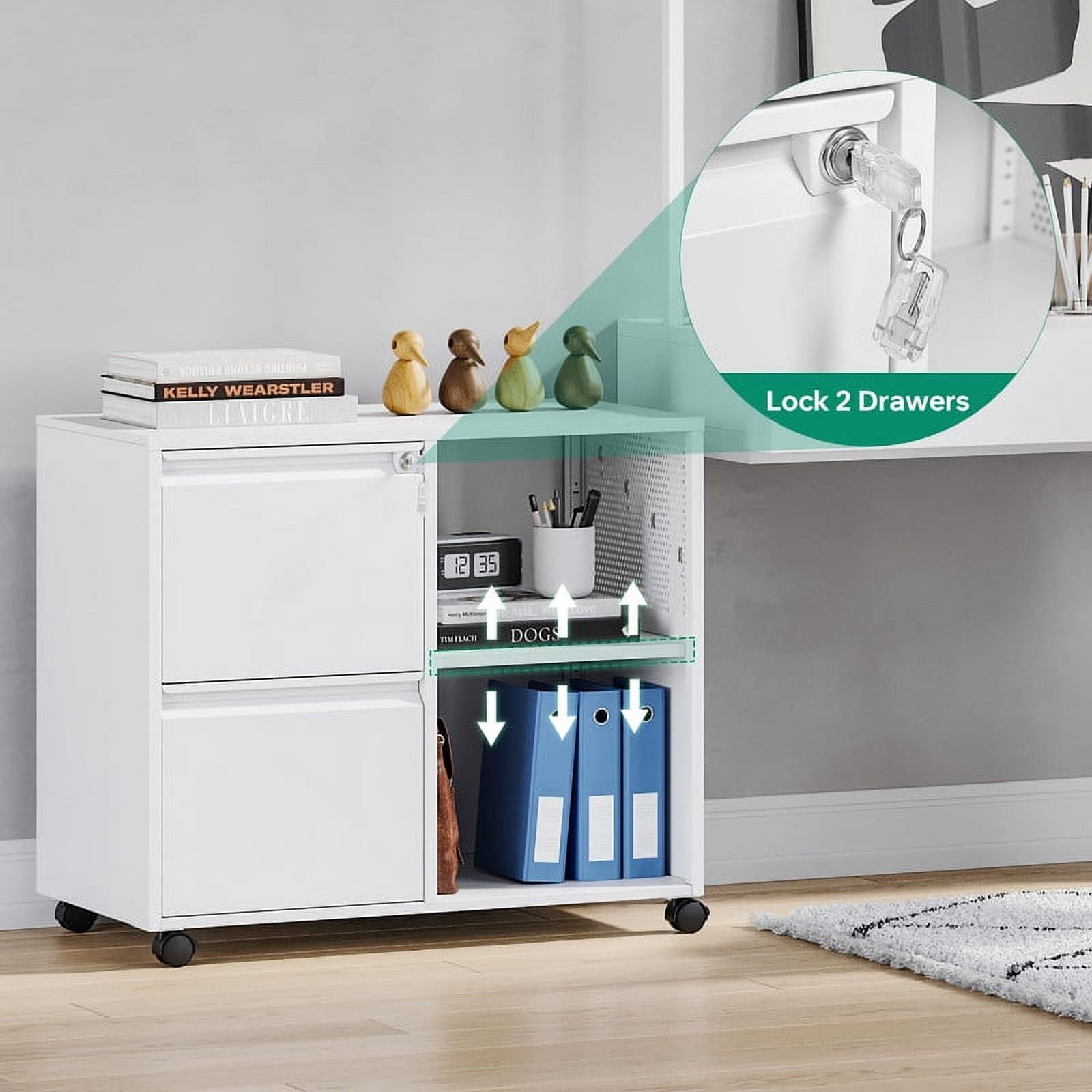 Fesbos File Cabinet with Lock, Metal Rolling Storage Cabinet for Home Office Organization,2 Drawer Lateral Filing Cabinet with Hooks for Letter/Legal/A4 Size