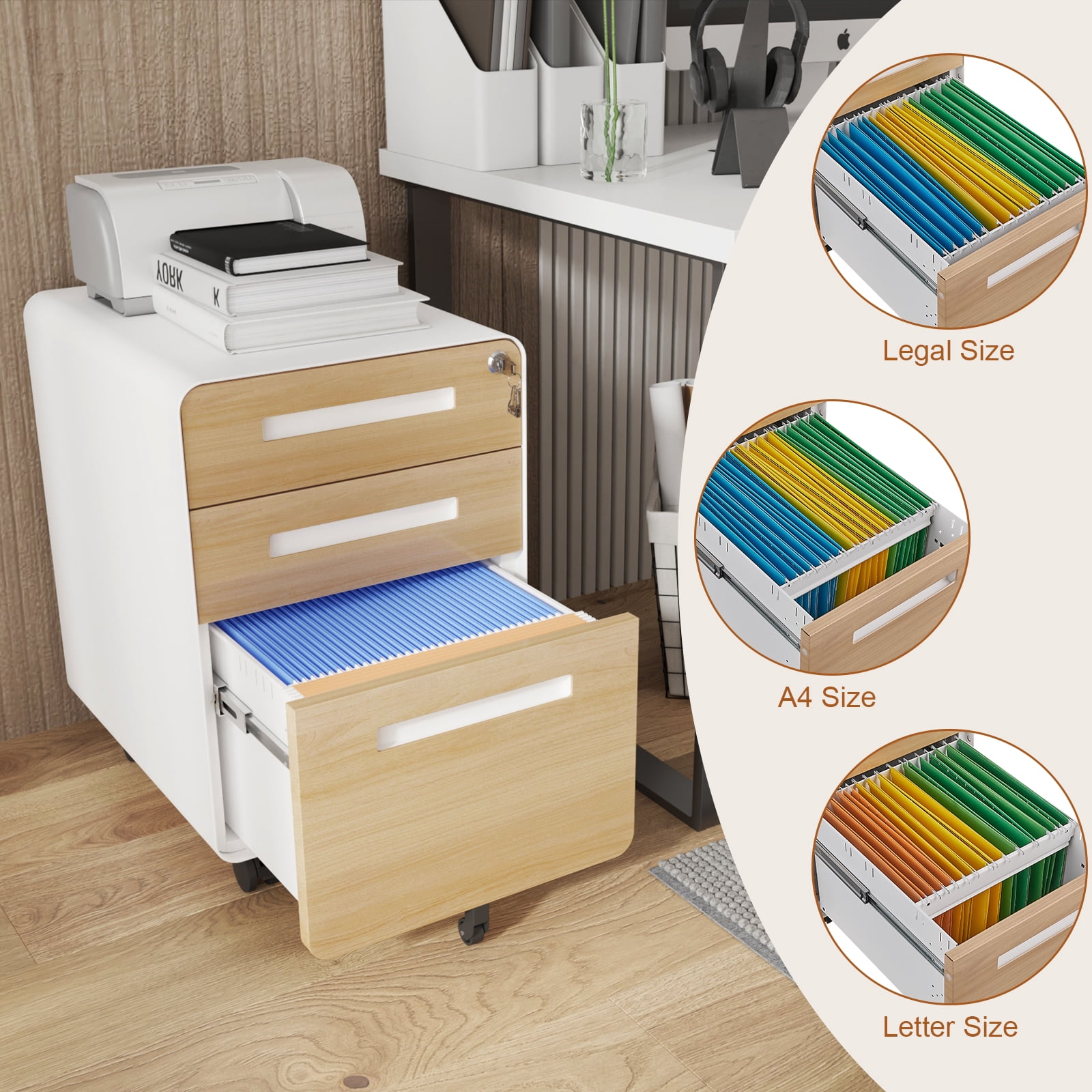 3 Drawer Mobile File Cabinet with Lock,Rolling File Cabinets,Under Desk Small File Caninet on wheels,Metal Vertical Filing Cabnet for Legal/Letter/A4,Fully Assembled