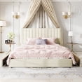 thumbnail image 3 of Amolife King Bed Frame, Platform Bed with Adjustable Velvet-Wrapped Headboard and 4 Storage Drawers, No Box Spring Required, Cream White, 3 of 14