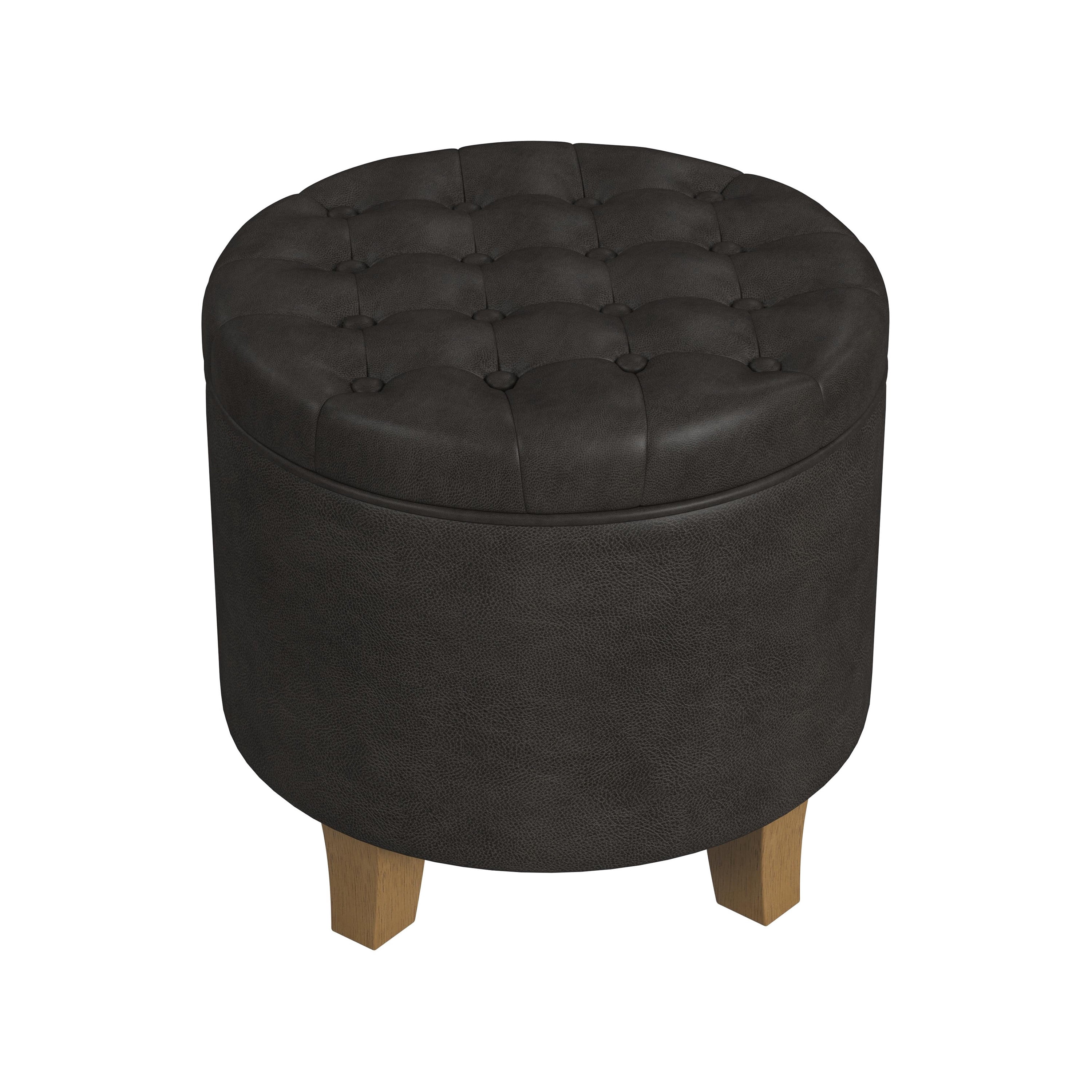HomePop Small Round Button Tufted Storage Ottoman, Black Faux Leather