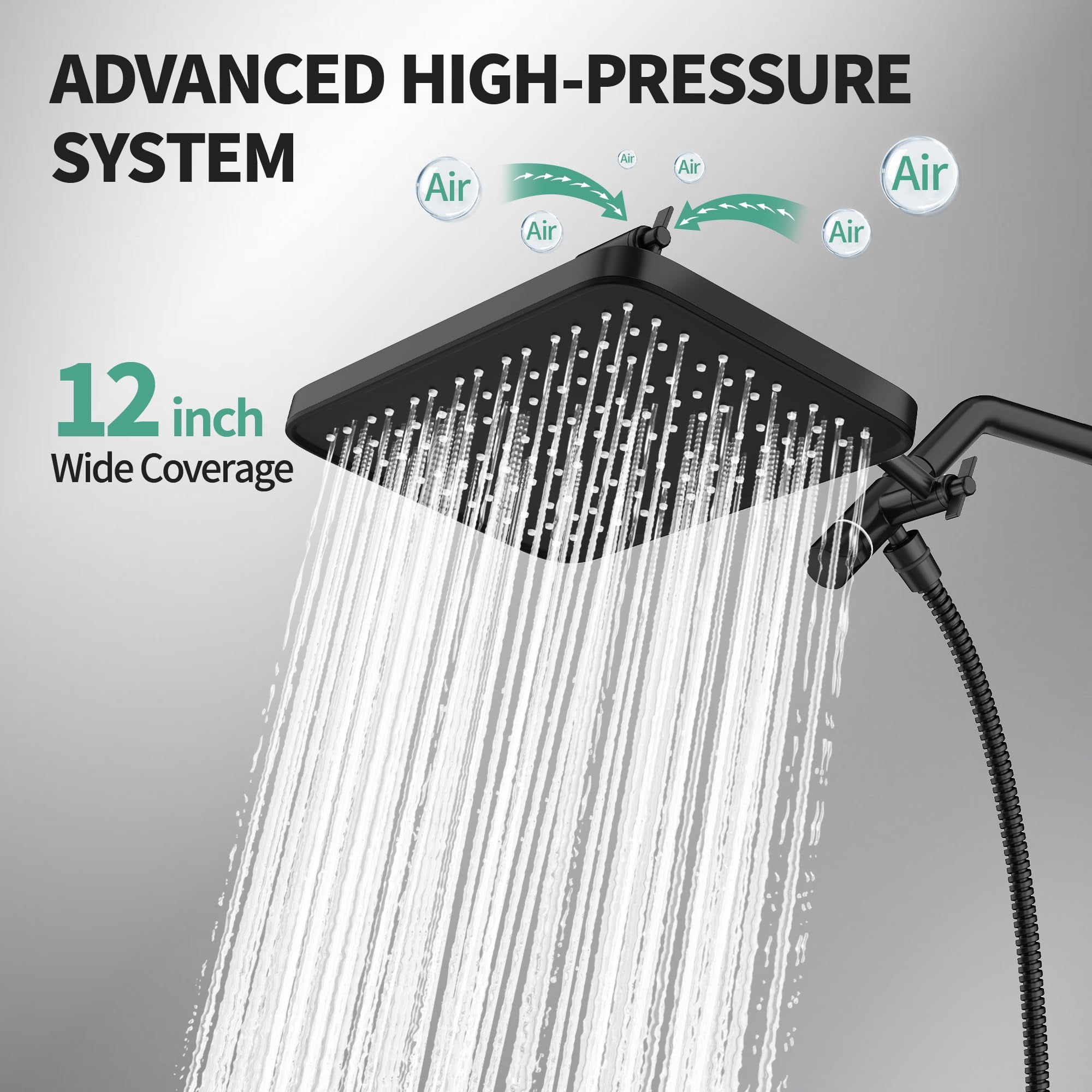 12 Inch Wide Rain Shower Head With Filtered Handheld Combo  High Rainfall 9 Spray Modes 9-inch Extension Arm Comes Filter Removes Chlorine(black)