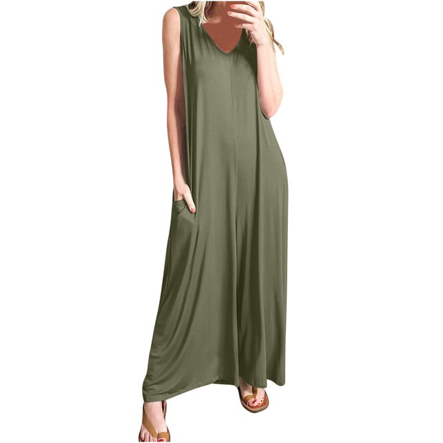 LOVZFMLL Combinaison pour Femmes, Combinaison Mode Couleur Unie Sans Manches avec Poches, Pyjama pour Dames Vert Armée, 2TG