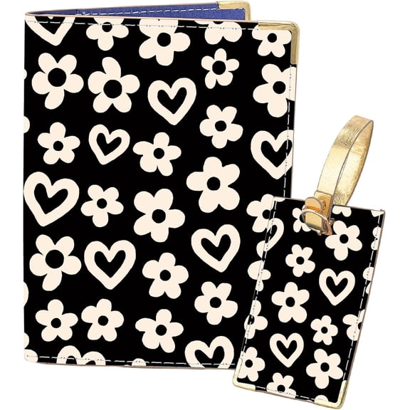 Passport Holder Luggage Tag Passport Cover for Women Floral Heart Print Leather Black White Wallet Book Case Travel Essentials