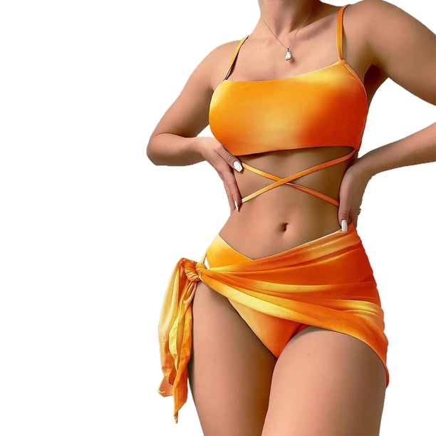 Soidarity Conjunto de triángulo traje de baño playa Sexy Chic y colores vibrantes conjunto de tres piezas triangular Mujer Traje de baño color naranja