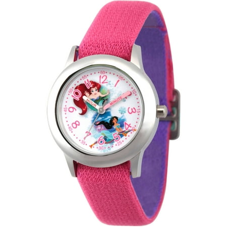 Disney Princess Ariel and Jasmine Girls' Stainless Steel Time Teacher Watch, Reversible Pink and Purple Nylon Strap