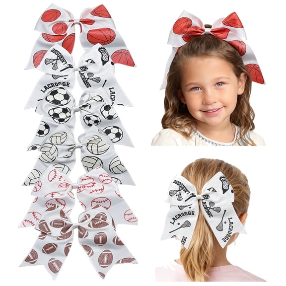 JoyBowie 6 Pcs 7.9inch Sports Theme Hair Bows for Girls 5-12 Years, Satin Ribbon Clips for Game Days & Team Events