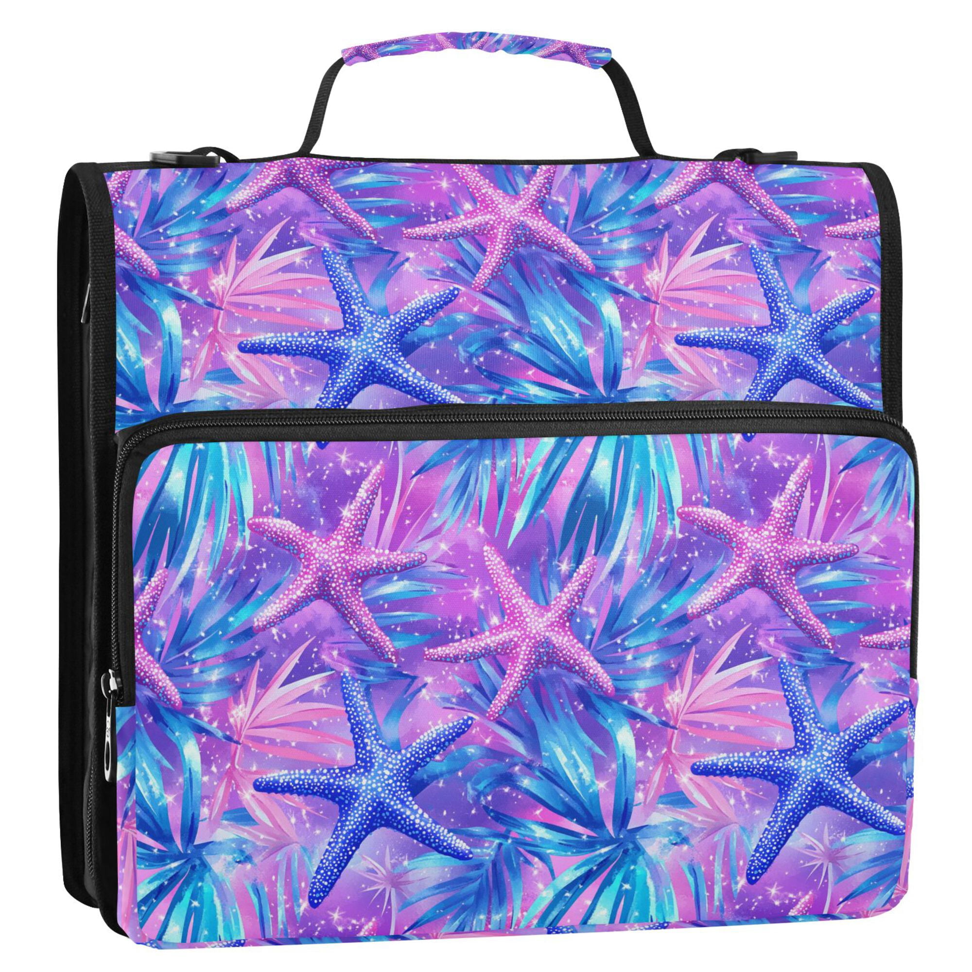 FORMRS Zipper Binder with Shoulder Strap 2-inch Ring 500 Sheet Capacity File Bag, Purple Starfish Pattern