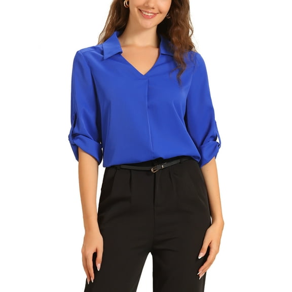INSPIRE CHIC Women's V Neck Collared Roll Up 3/4 Sleeves Flowy Pleated Tunic Tops XS Royal Blue
