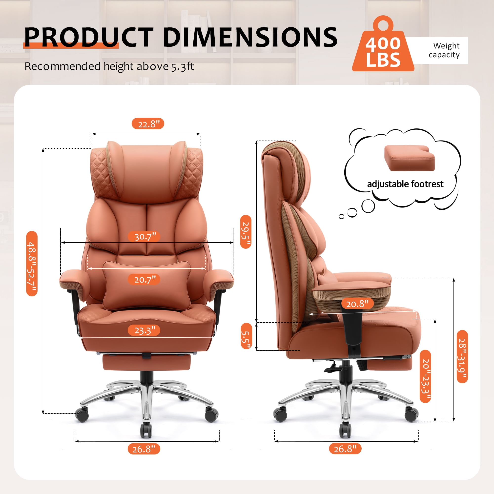 FASTES Office Chair, Big and Tall Desk Chairs with Footrest 400lbs Gaming Chair Ergonomic Executive High-Back Reclining Computer Chair Swivel Wheels and Padded Lumbar Support, Brown