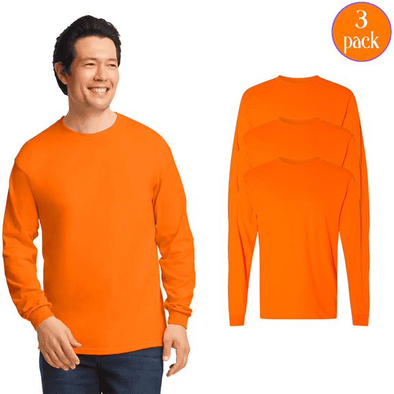 Gildan Men DryBlend 50/50 Long Sleeve T-Shirt, 3-Pack Cotton Blend Hi Vis Safety Orange Work Tee 2XL