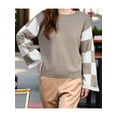 thumbnail image 5 of Womens Casual Checkered Color Block Sweaters Crew Neck Long Sleeve Cropped Knit Pullover Khaki XL, 5 of 6