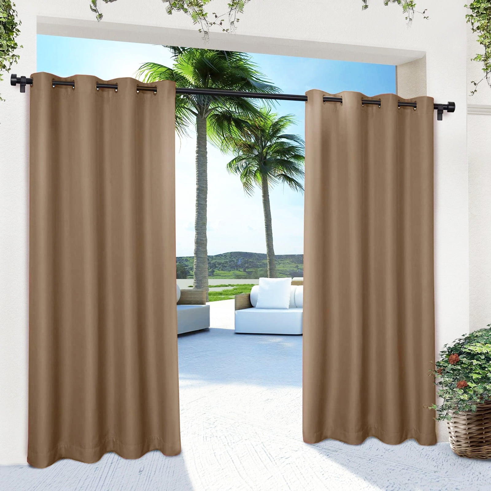 SHANNA Indoor/Outdoor Curtains - Grommet Top Waterproof Windproof Privacy Blackout Drapes for Garden Porch Gazebo Patio, Brown, 52*108 in, 4 Panel