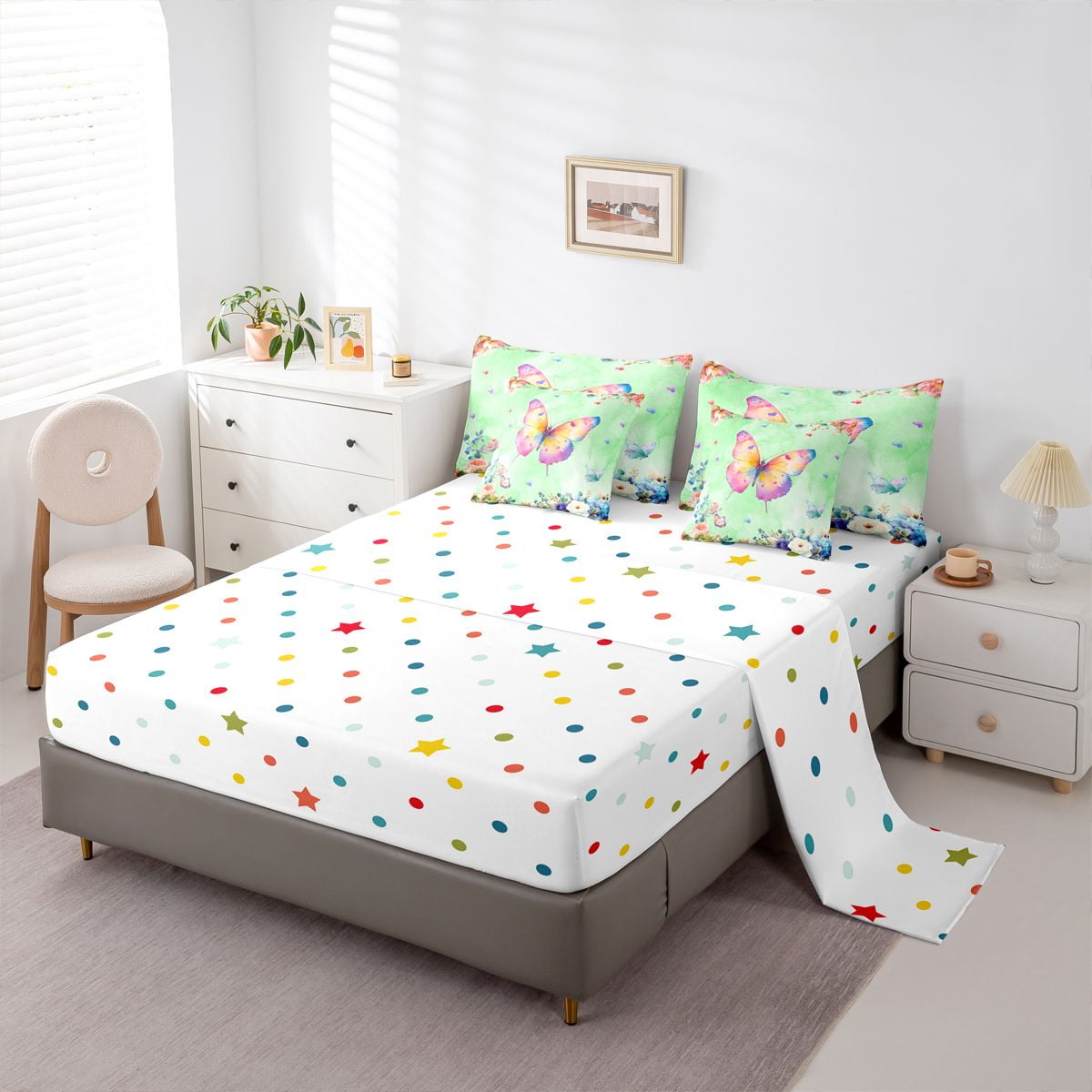 Homewish Chic Butterflies 7pcs Bedding Comforter Set,Rustic Flower Queen Bedding Sets,Green Pink Queen Sheet Sets For Girls Kids,Microfiber Bedroom Decor Reversible