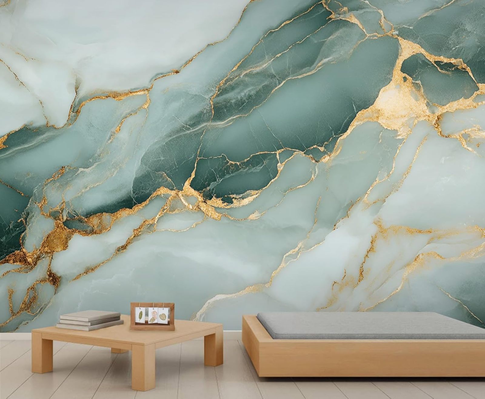 Luxury Marble Custom Mural- Green Gold Texture Wallpaper, Modern Abstract Large Murals For Living Room Bedroom, Marble Murals 79"W x 55"H (Not Peel and Stick)