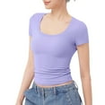 thumbnail image 2 of Jzuxvd Womens Summer Sexy Short Sleeve Square Neck Double Lined Basic Slim Fit Crop T Shirt Light Purple L, 2 of 7