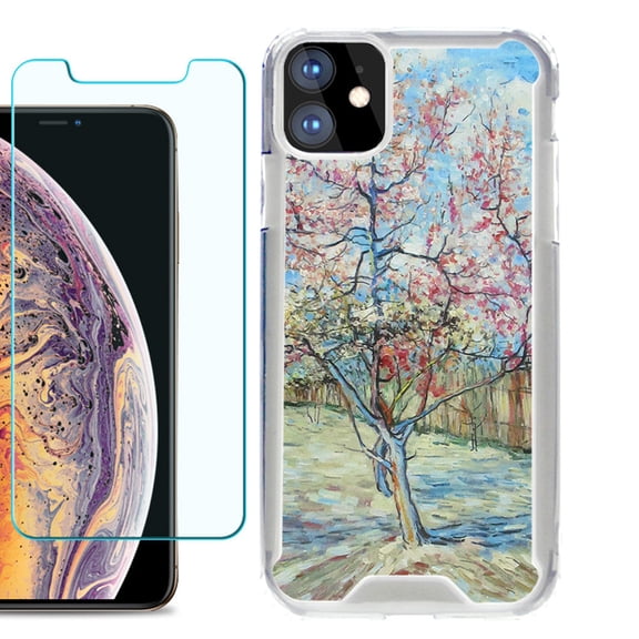 For Apple iPhone 11 Case, Hybrid Bumper Phone Case, with Tempered Glass Screen Protector, by OneToughShield ® - Blossom Tree