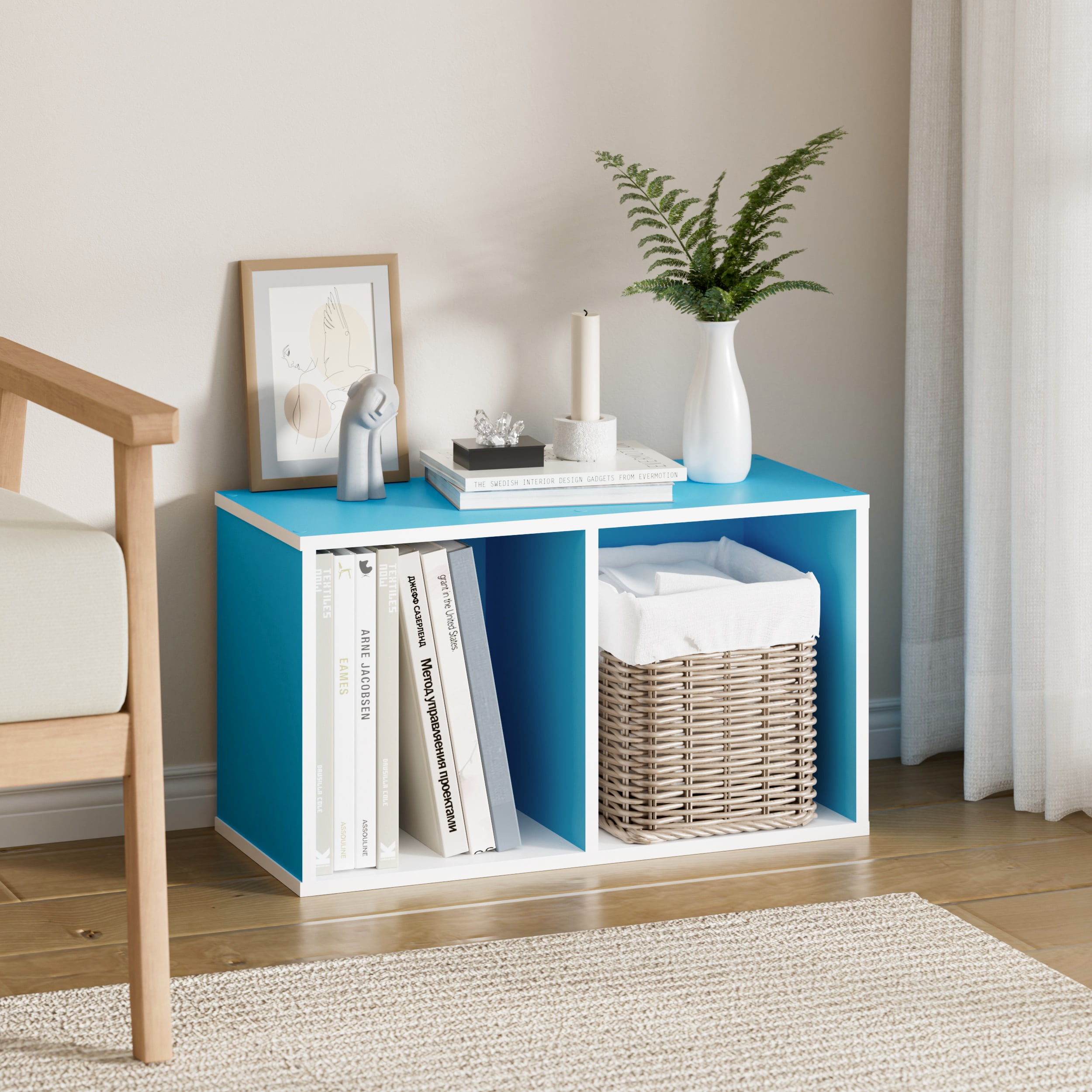 HOMLUX 9" x 12" x 21" Storage Shelf 2 Tier Cube Bookcase, Suitable for Small Space, White & Blue
