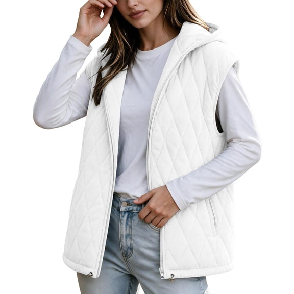 Cmfcve Womens Plus Size Winter Hooded Quilted Faux Suede Vest Full Zip Sleeveless Jacket Casual Warm Padded Outerwear