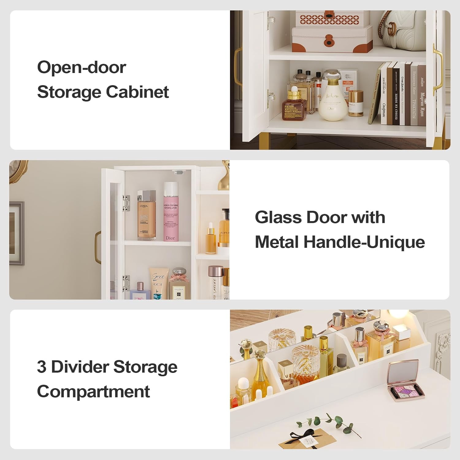 Vanity Desk Set with LED Lights Mirror and Charging Station & Makeup Stool, 3 Light Mode, Glass Top Drawer & Double Doors Cabinet Vanity Desk for Bedroom,White