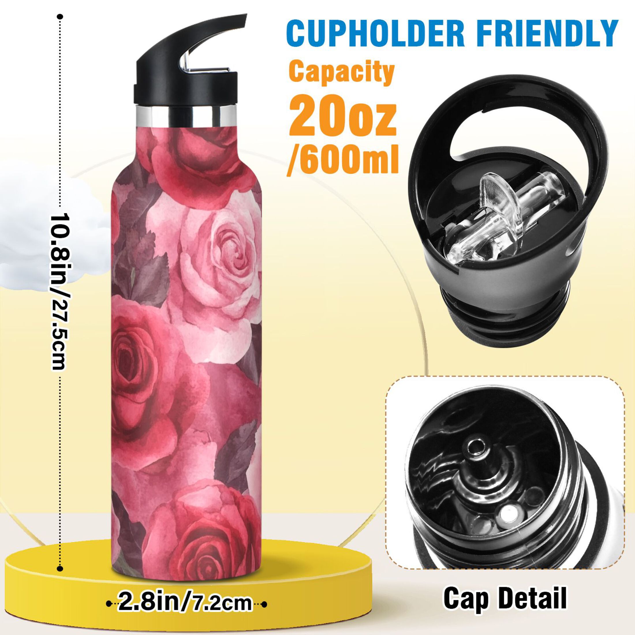 600ML Stainless Steel Insulated Cup Sports Water Bottle Portable Thermos Cup Water Glasses Insulated Tumblers Convenient and Durable Cartoon Red Roses Seamless