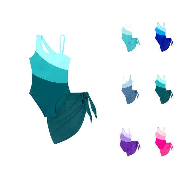 One Shoulder Color Block Cutout Girl's Swimsuits with Mesh Cover Up, 1 Piece Bathing Suit Swimwear