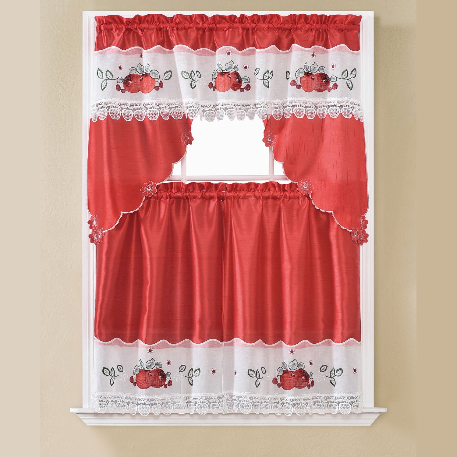 Red Apple 3 Pc Embroidered Kitchen Curtain Set Dahdoul Home Beige Valance Tiers 
