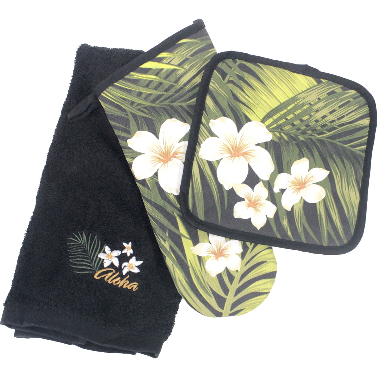 Hawaii 3 Piece Kitchen Set Towel & Potholder & Oven Mitt Plumeria Palm