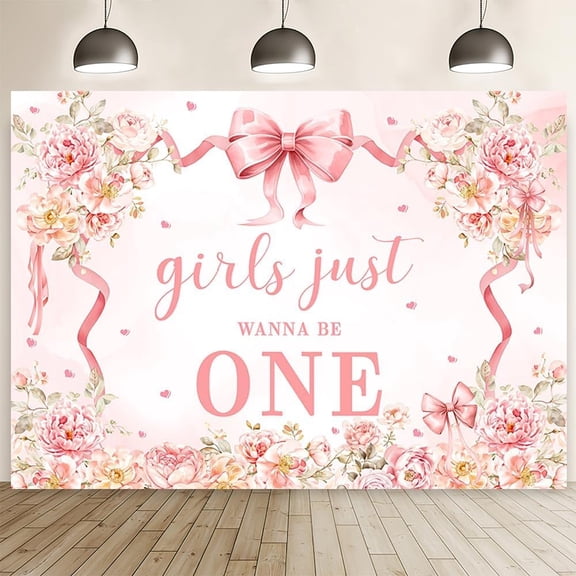 7x5FT Pink Bow First Birthday Backdrop Just Wanna Be ONE Photography Background for Girls Pink Floral Happy 1st Birthday Party Decorations Banner Supplies Photo Booth Props