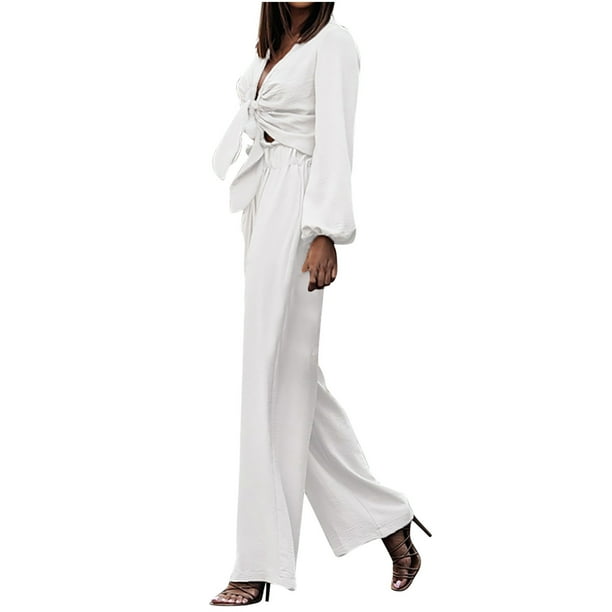 Mujeres con cuello en V Manga larga Tops Pantalones largos Dos piezas Conjunto sólido Traje casual Wmkox8yi bvn3103