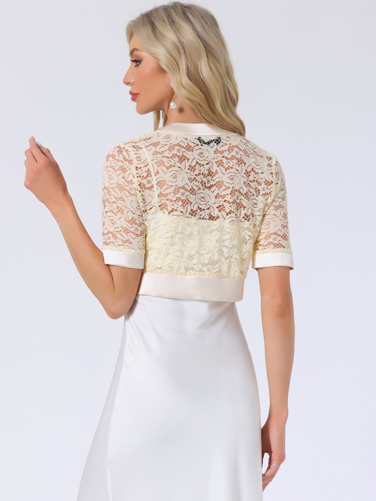 DARING DIVA Women's Lace Shrug Bolero Satin Panel Crop Cardigans L Beige