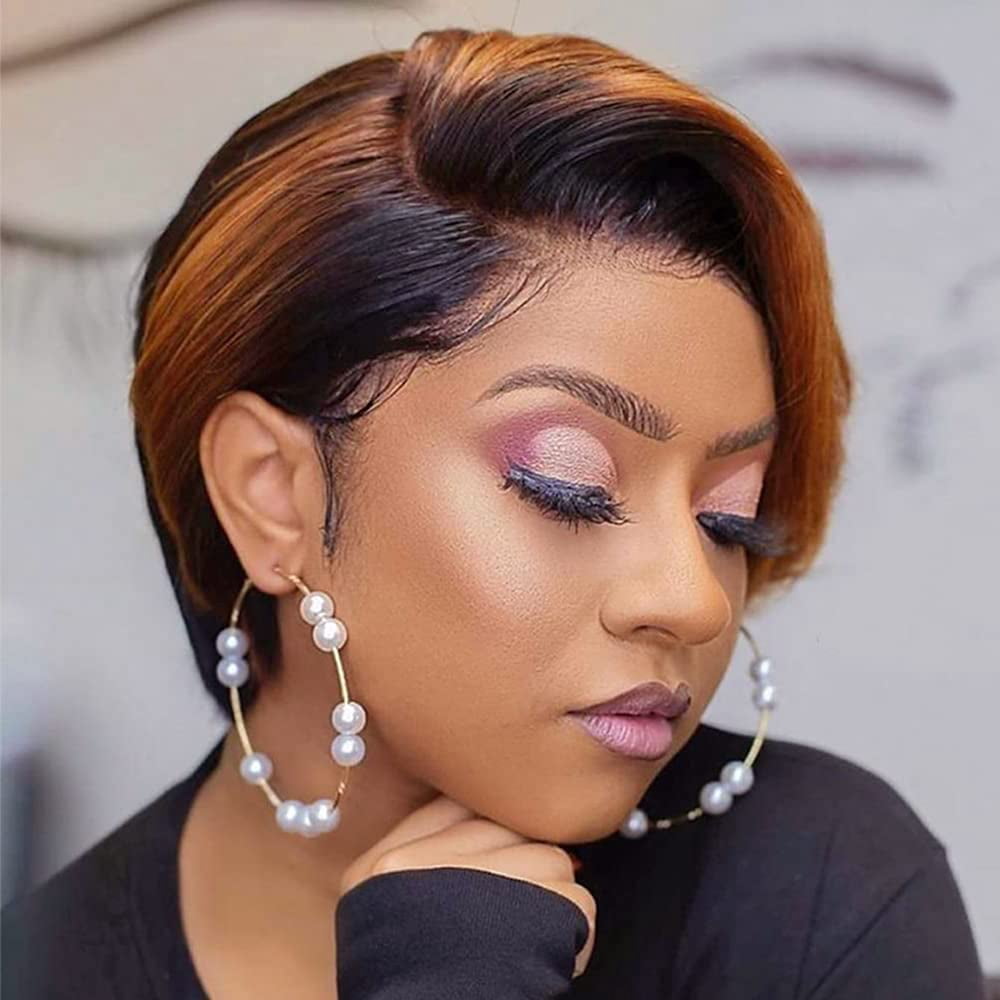 Short Bob Wigs Pixie Cut Wigs Human Hair Wigs for Women 13*1 T Part Lace Wigs Ladies Wigs Side Part 6 Inch Black mixed Ginger Blond