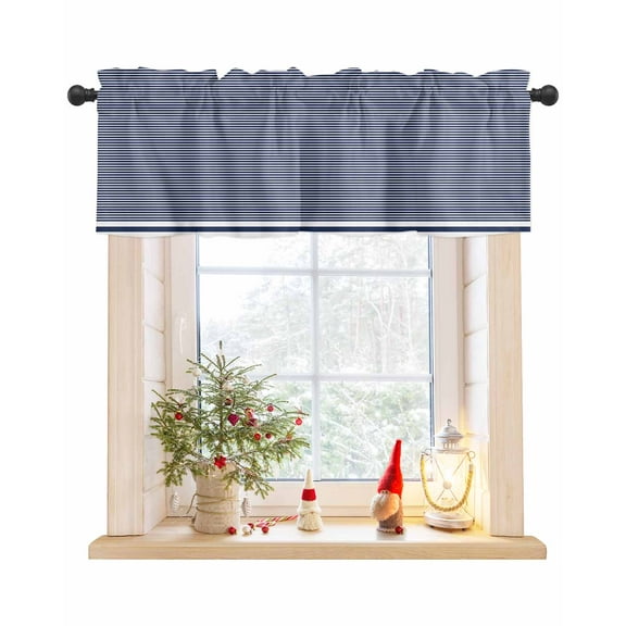 Navy Blue White Striped Curtain Valance for Windows/Living Room/Kitchen/Bathroom/Café, Short Rod Pocket Tier Curtain Window Panel Farmhouse Geometric Horizontal Lines Stripes Topper Curtain 42''x18''