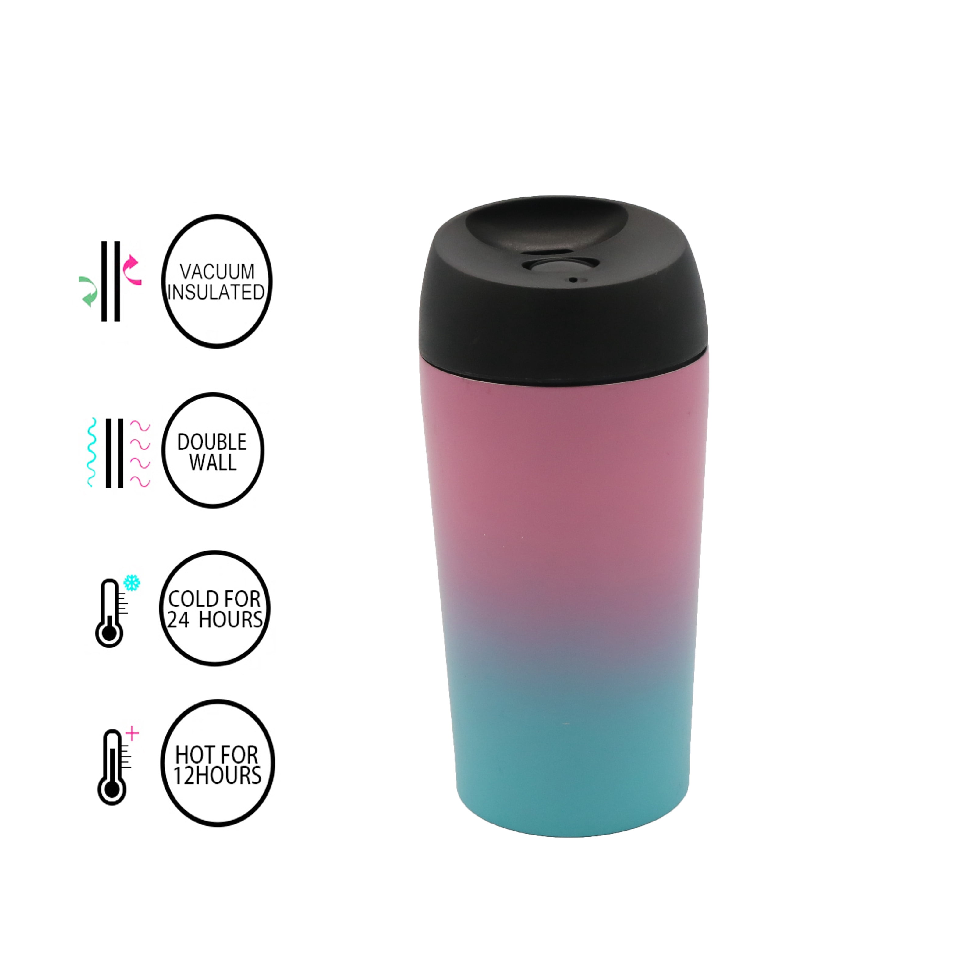 12 Oz Stainless Steel Vacuum Insulated Double Wall Travel Mug Auto Seal Spill Proof Lid Hot For 8 Hours Cold For 12 Hours Pink Mint Ombre Walmart Com Walmart Com