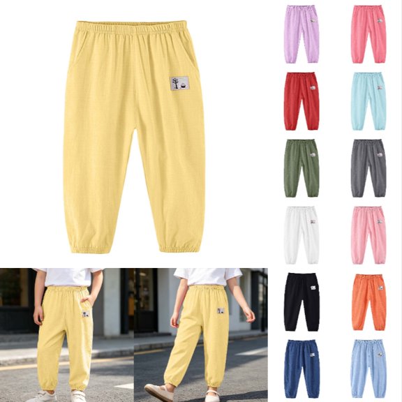 Krdevn Children Thin Cotton Linen Casual Pants, Ankle Band Elastic Waist Outdoor Summer Trousers,Yellow