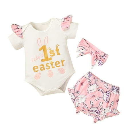 

TJAZFJPA July 4th Baby Girl Outfit Girls Short Sleeve Easter Rabbit Prints Romper Bodysuits Shorts Outfits Toddler Fourth of July Outfit Girl Toddler Outfits for Girls