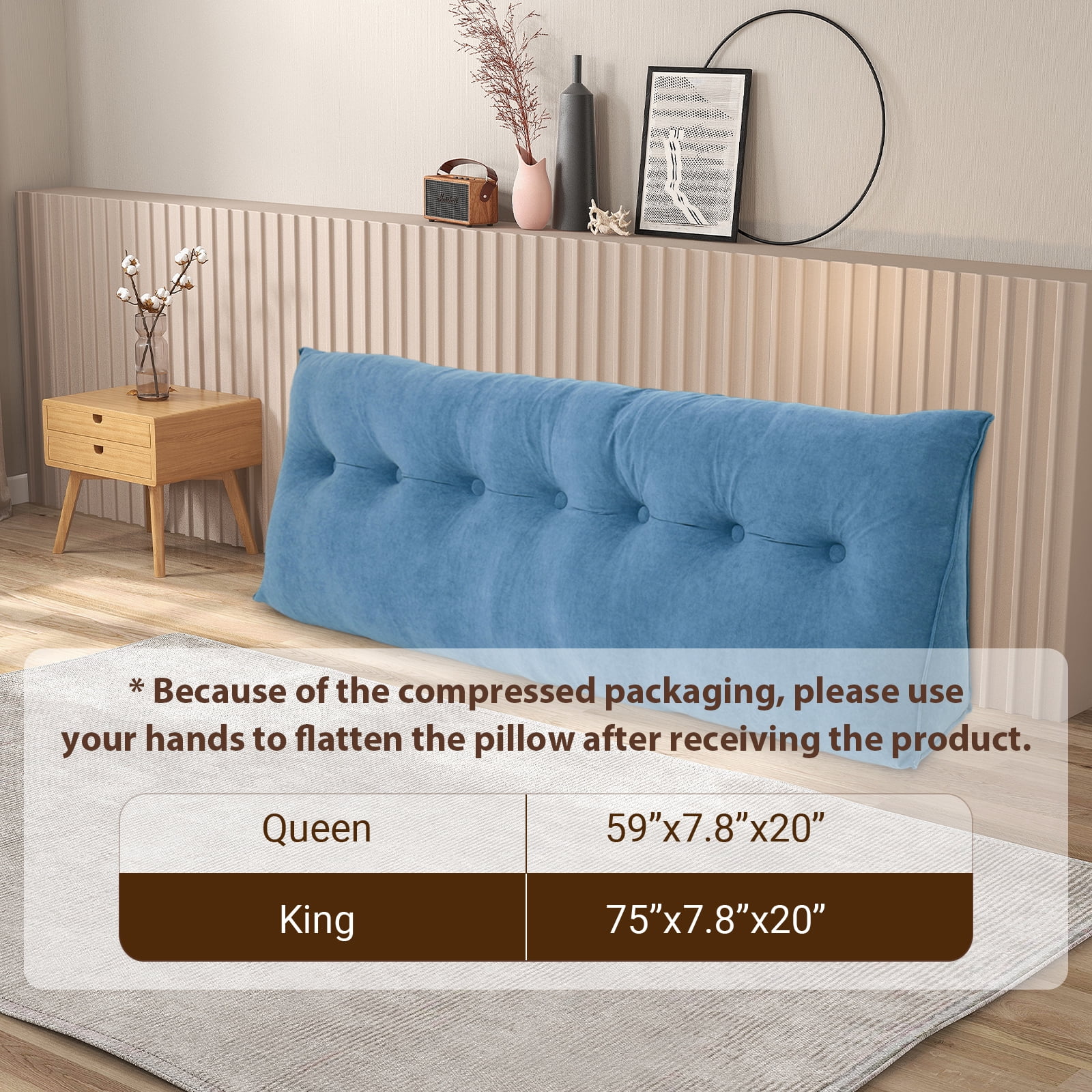 Triangular Wedge Pillow Queen, Removable Cover Headboard Pillow, Blue