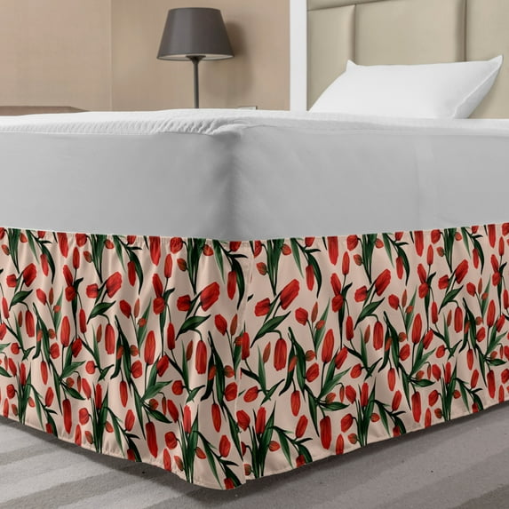 Colorful Bed Skirt, Vermilion Colored Tulip Flowers and Leaves Illustration Art Print, Elastic Bedskirt Dust Ruffle Wrap Around for Bedding Decor, 4 Sizes, Pale Peach and Multicolor, by Ambesonne