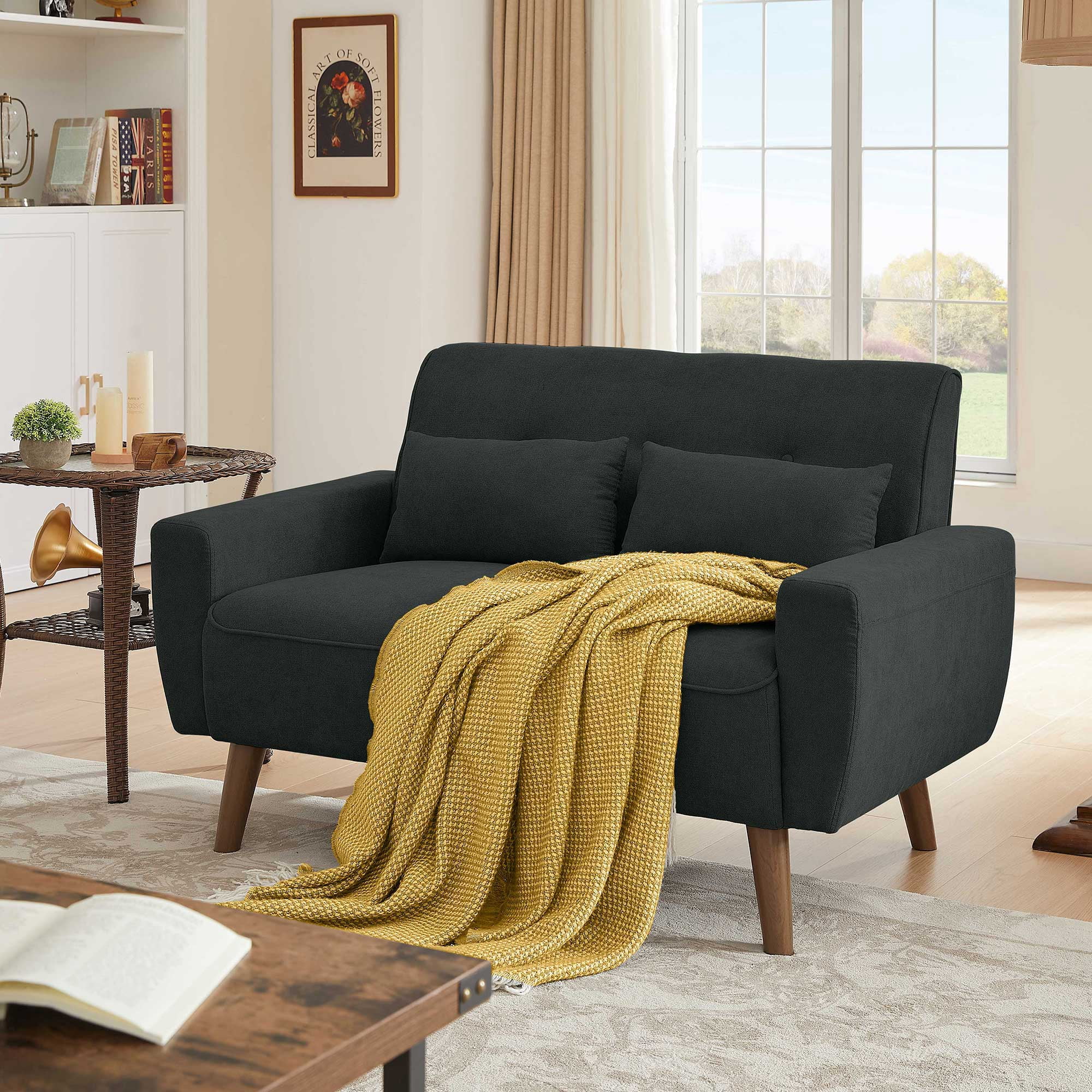 Jarenie 47" Small Modern Loveseat Sofa, Mid Century Linen Fabric 2-Seat Sofa Couch Tufted Love Seat with Back Cushions and Tapered Wood Legs for Living Room, Bedroom and Small Space Black