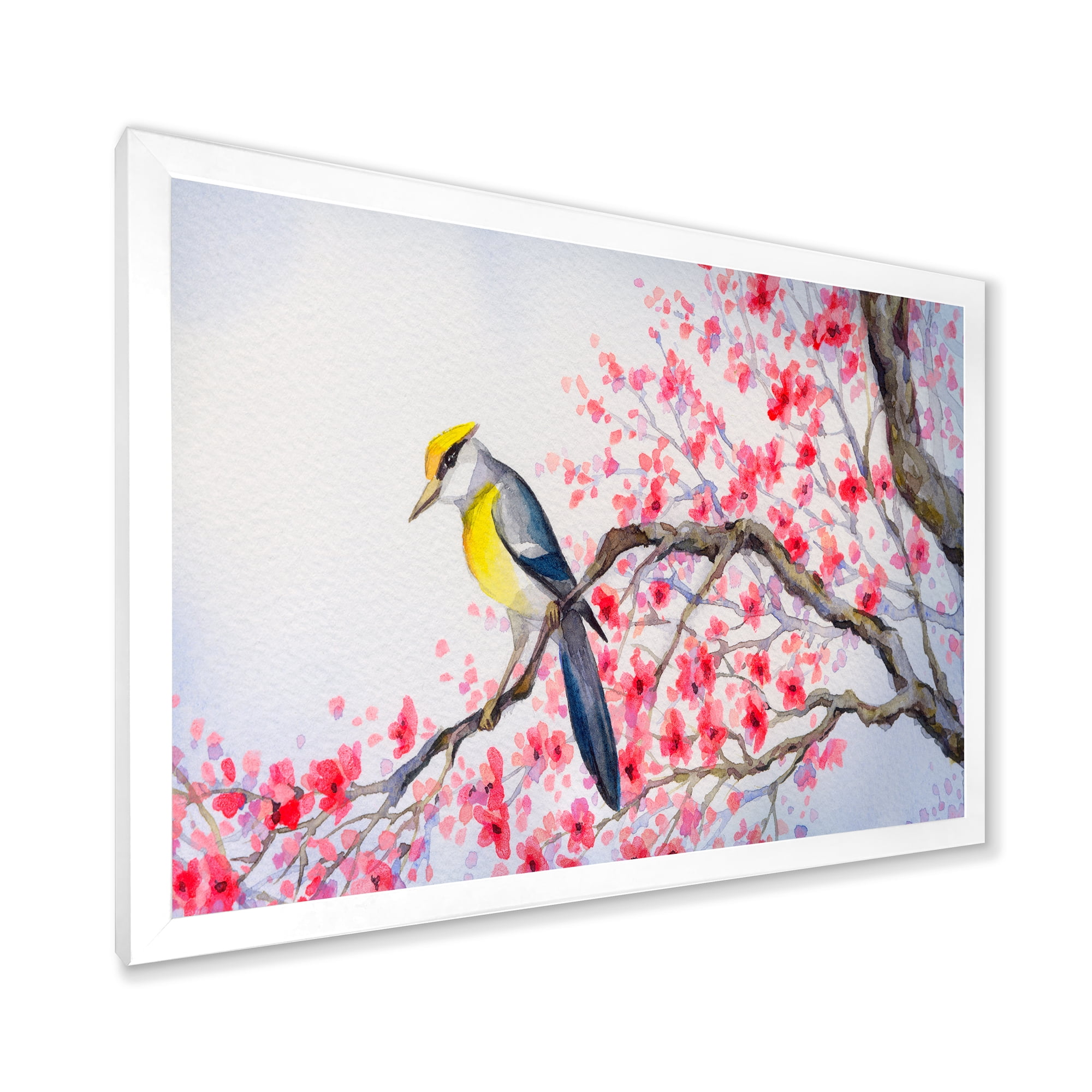 Beautiful Red Bird Sitting On Flowering Branch II 32 in x 16 in Framed Painting Canvas Art Print, by Designart