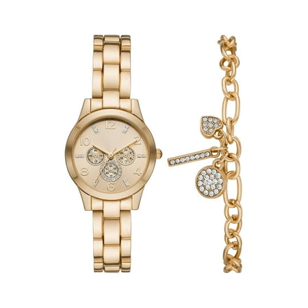 Time and Tru Women's Gold Tone Watch and Charm Bracelet Set