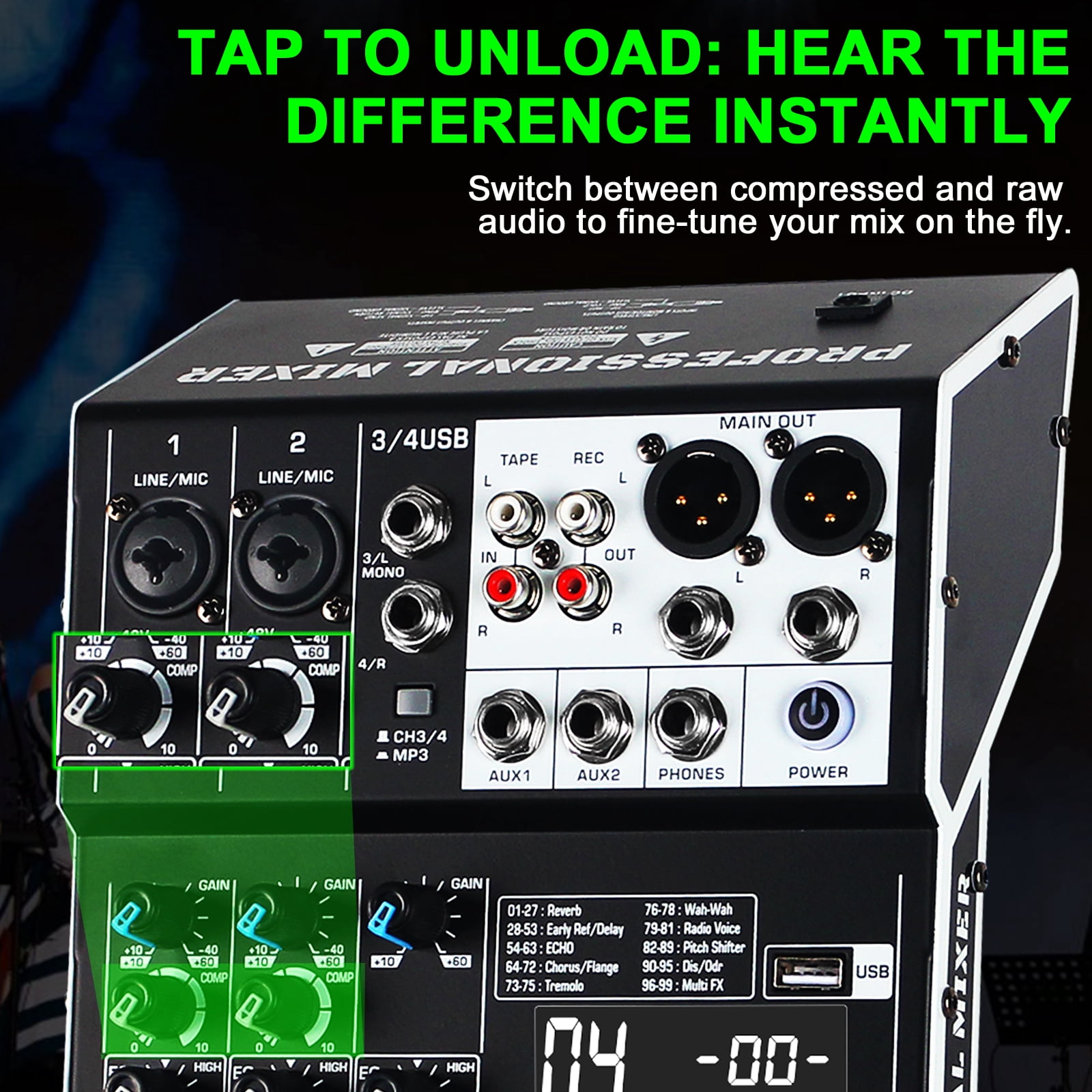 Audio Mixer 4 Channel Professional Sound Mixer Console with 99 DSP Effects, Small Mixing Board DJ Mixer w/USB, Bluetooth, 48V Power Supply, PAD Button for Recording Karaoke PA Drum Live Music