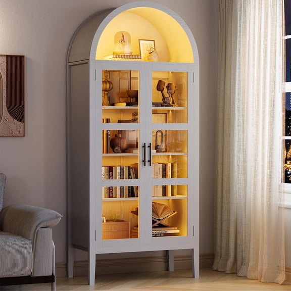 71 Inch Arched Tall Storage Cabinet, Modern Display Bookcase with LED Light, Tempered Glass Doors & Adjustable Shelves, Wooden Freestanding Cabinet for Home Office