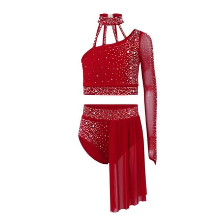 Aiihoo Kids Girls Gymnastics Ballet Lyrical Dance Outfit Sheer Mesh Shiny Rhinestone Crop Top with Irregular Skirt Burgundy 8