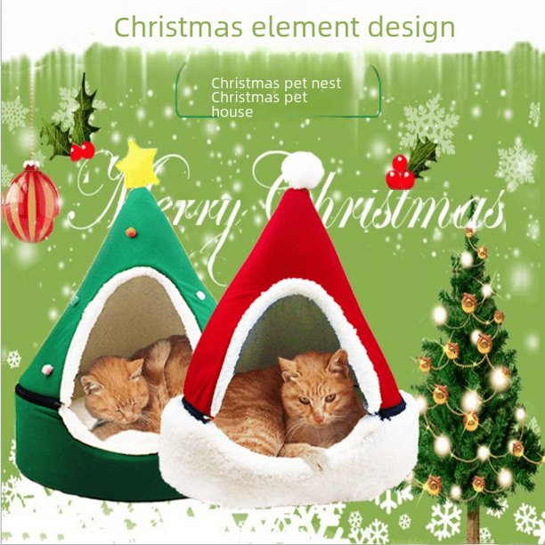 Suministros para fiestas navideñas para mascotas, perrera cerrada cálida de invierno con árbol de Navidad, nido para gatos de bolsa mongola extraíble y lavable.