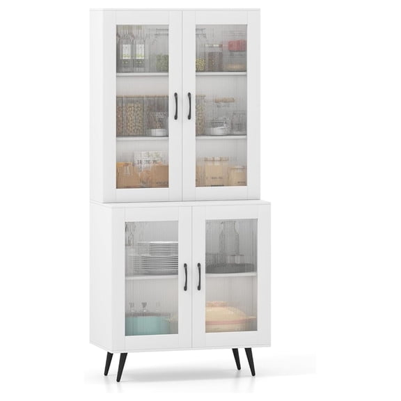 Kitchen Pantry Cabinet, Freestanding Storage Cupboard with Translucent Fluted Doors & Adjustable Shelf, Modern Tall Accent Cabinet Bookcase for Living Room, Dining Room, Home Office (White)