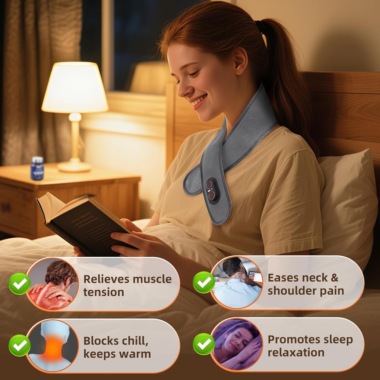 Neck Heating Pad with Massage, Heating Neck Wrap with Led Light, Electric Nape Heating Pad with 3 Heat & 3 Vibration Modes, 3000mAh Rechargeable, Cordless Heated Wrap for Calf Arm Wrist, Gray