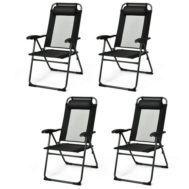 Gymax Lot de 4 Chaises Pliantes Chaises Inclinables Réglables avec Appuie-Tête Patio Jardin Noir
