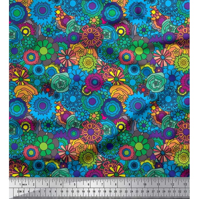 Soimoi Polyester Crepe Fabric Colorful Flowers Clip Art Decor Fabric Printed Yard 52 Inch Wide